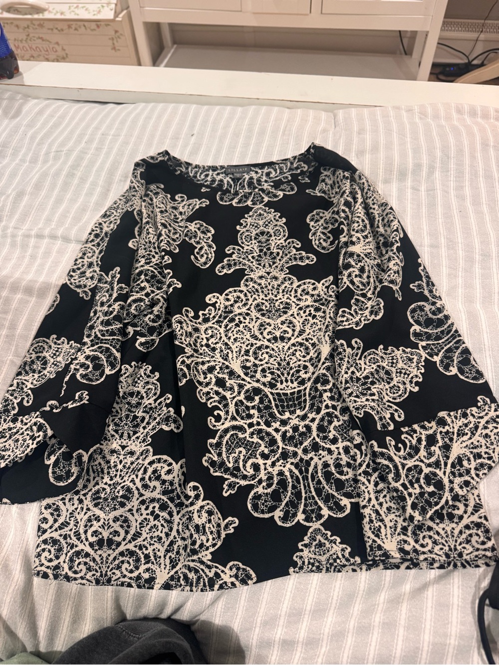 Lilla P Black Long-Sleeve Top with White Lace-Scroll Print